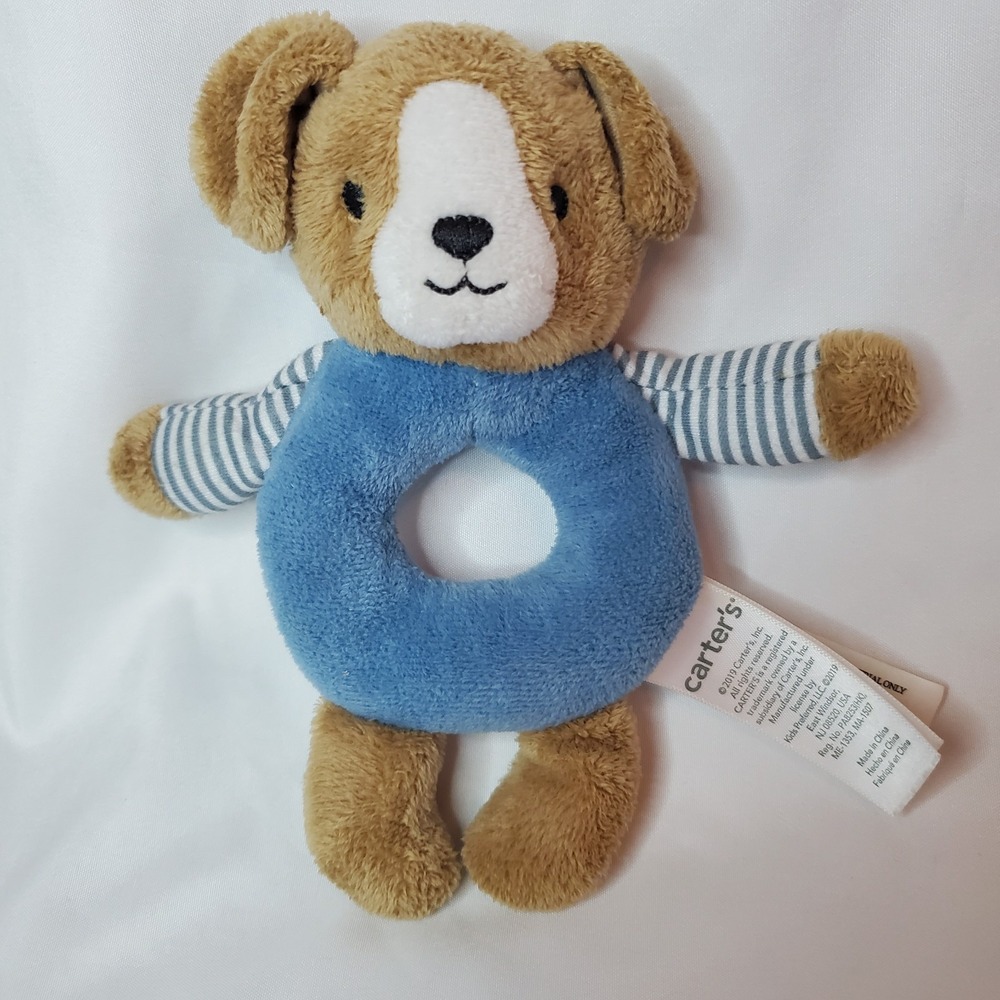 Carter's Puppy dog Ring Rattle, Plush Toy for Babies Blue Brown Stuffed Animal